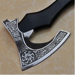 HIGH CARBON STEEL AXE HEAD ON ACID ENGRAVING WITH ASHWOOD HANDLE AND FINE LEATHER SHEATH