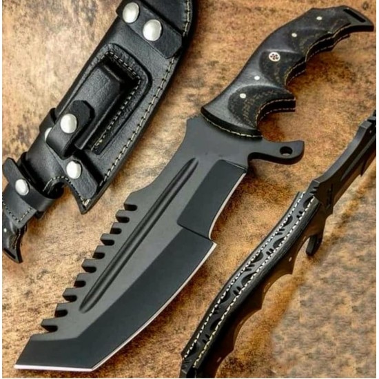 HANDMADE J2 STEEL TRACKER KNIFE WITH POWER COATING BLADE BLACK MICARTA BLADE WITH FINE LEATHER SHEATH